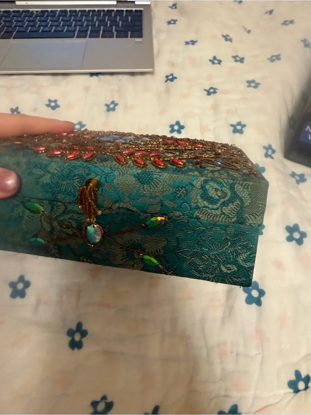 Embellished Teal Jewelry Storage Box with Gem Accents